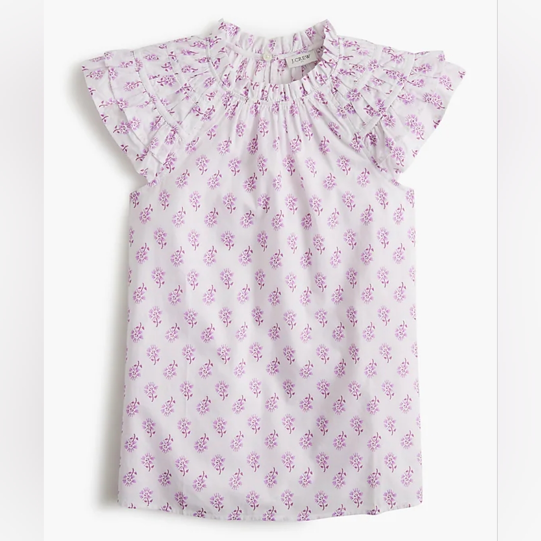 J.Crew Floral Flutter Sleeves Cotton Top, Small, White/ Purple